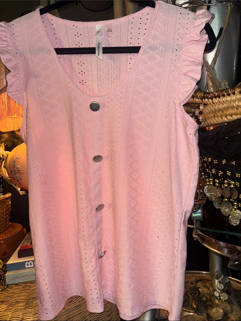 Collection B Pink Eyelet Ruffle Sleeve Button Front Top